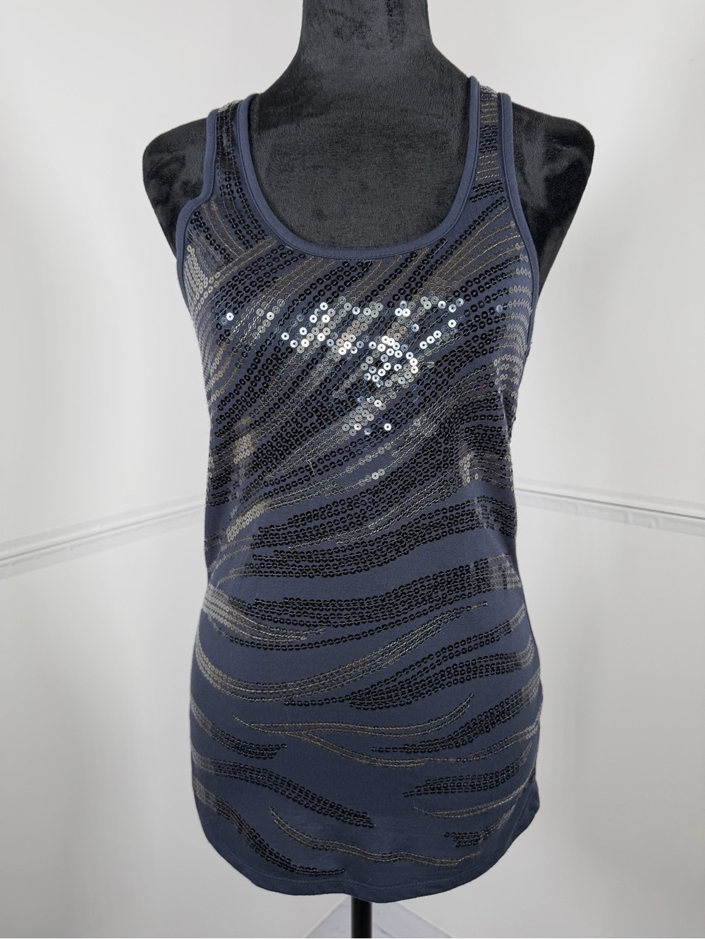 Almost Famous Blue Sequin Zebra Print Racerback Tank Top Size Small